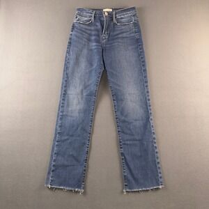 FRAME‎ Le High Straight Jeans Quincy Grind Raw Hem Blue Denim LHSTRA778 Size 26